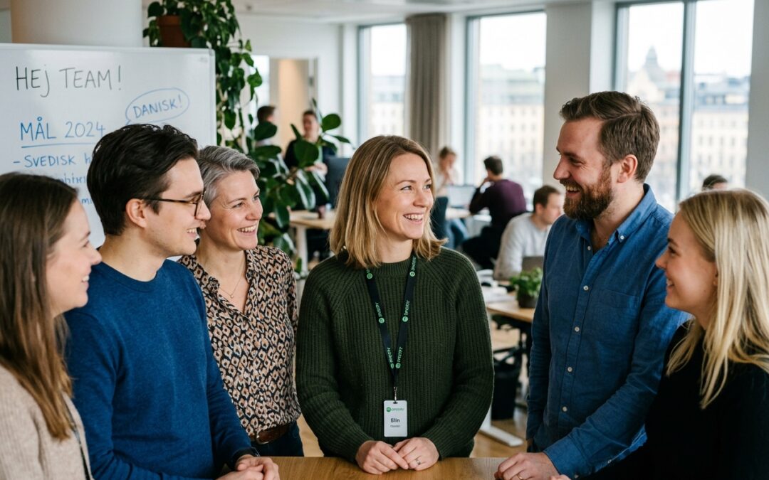 Six colleagues stand around a wooden table in a bright office, smiling and chatting during a casual team gathering; a whiteboard and plants are in the background.