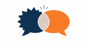 Kommunikation i kontrast yesbox medarbetarundersökningar Yesbox Medarbetarundersökningar Two Overlapping Speech Bubbles in Dark Blue and Orange, Symbolizing a Conversation or Dialogue Between Two Parties.
